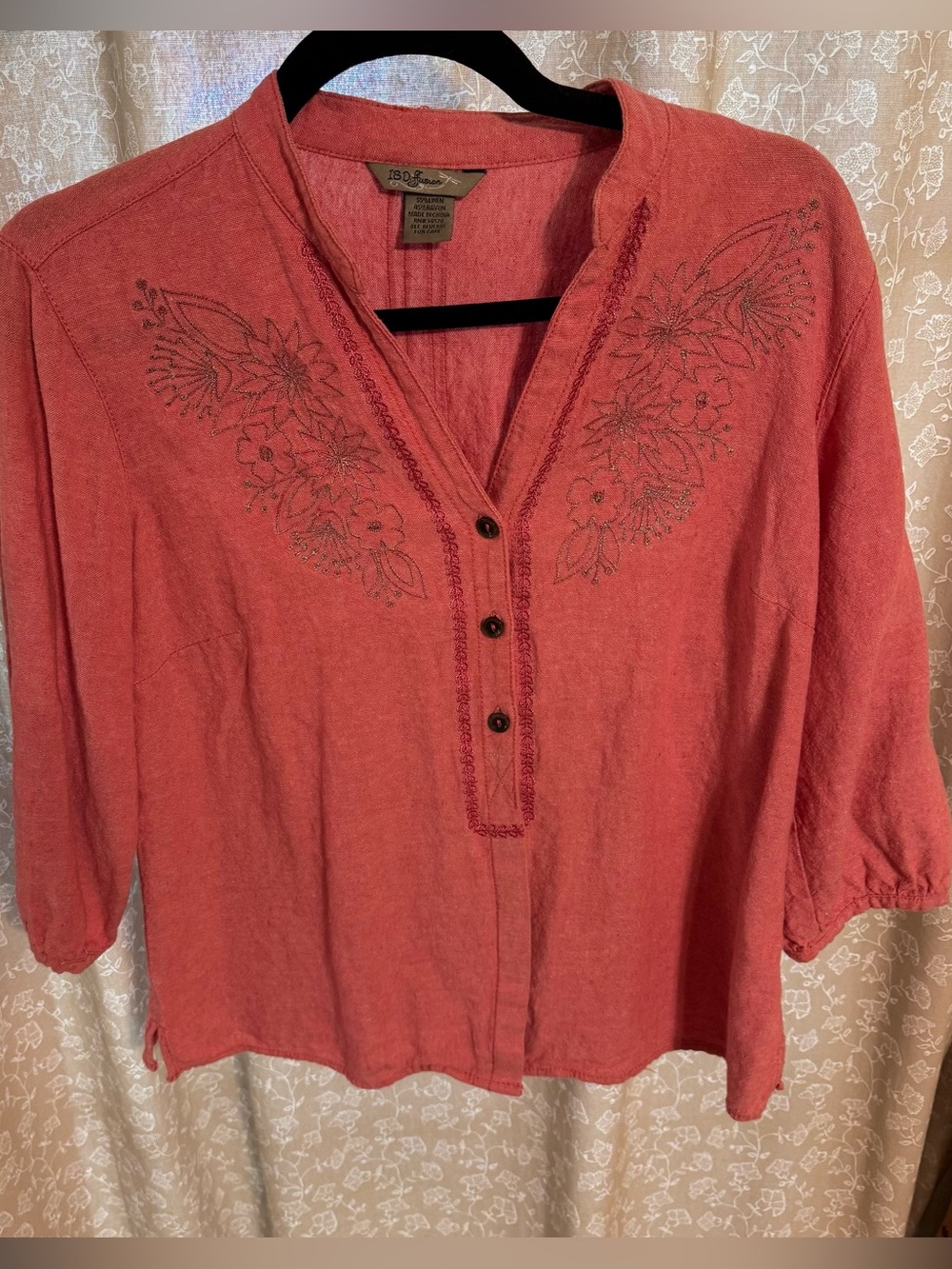 Vtg IB Diffusion Linen Blend Embroidered Henley Top Pink Coastal Grandma L